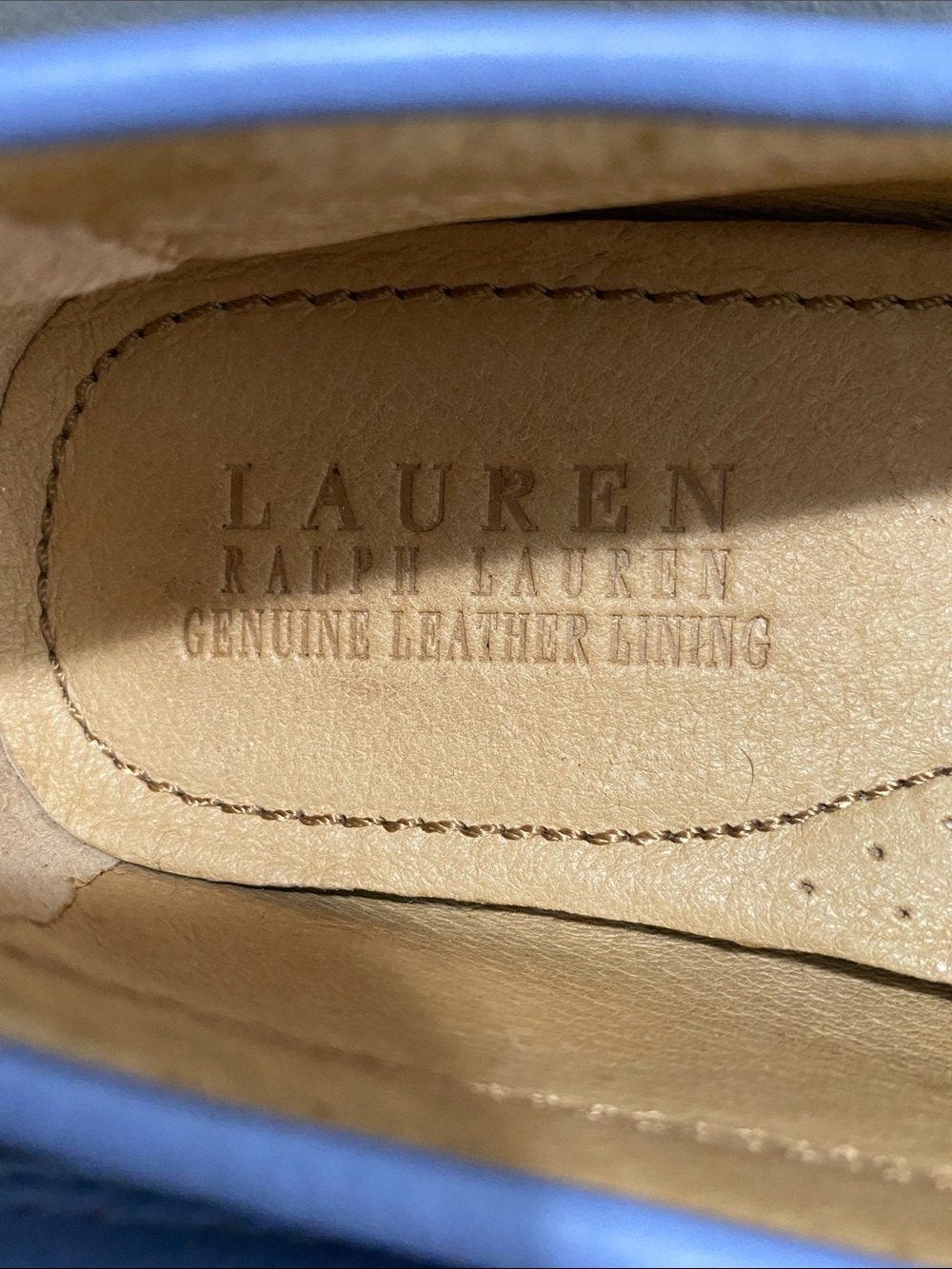 Ralph Lauren Carley Liight Blue Pebbled Leather Loafers with Gold RL Medallion - Picture 13 of 14